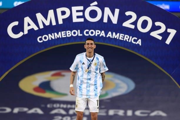 Angel Di Maria of Argentina celebrates with his medal after wining the final of Copa America Brazil 2021 between Brazil and Argentina at Maracana...