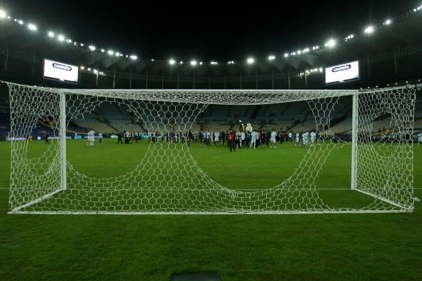 The goal area net with cuttings made by Argentine players as they celebrate after winning the final of Copa America Brazil 2021 between Brazil and...