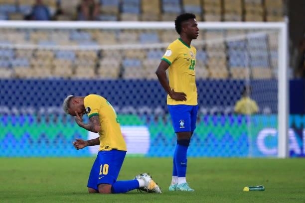 Neymar Jr. Of Brazil reacts after losing during the final of Copa America Brazil 2021 between Brazil and Argentina at Maracana Stadium on July 10,...