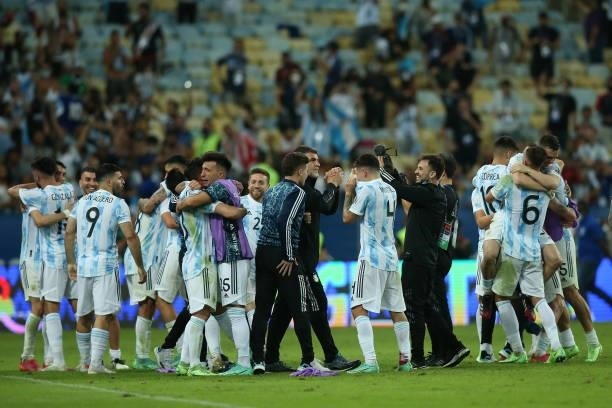 Sergio Agüero of Argentina celebrates with teammates after wining the final of Copa America Brazil 2021 between Brazil and Argentina at Maracana...