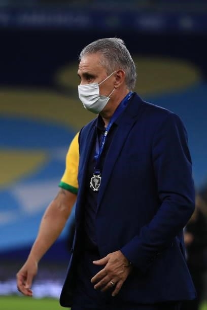 Tite head coach of Brazil reacts after the final of Copa America Brazil 2021 between Brazil and Argentina at Maracana Stadium on July 10, 2021 in Rio...