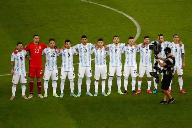 Players of Argentine line up for the national anthem prior to the final of Copa America Brazil 2021 between Brazil and Argentina at Maracana Stadium...