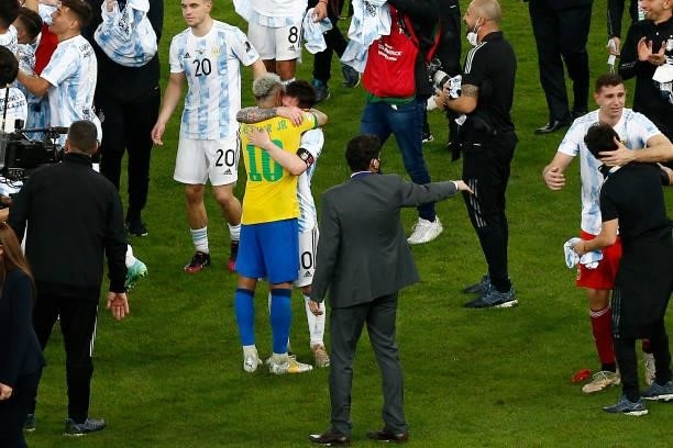 Neymar Jr. Of Brazil hugs Lionel Messi of Argentina after the final of Copa America Brazil 2021 between Brazil and Argentina at Maracana Stadium on...