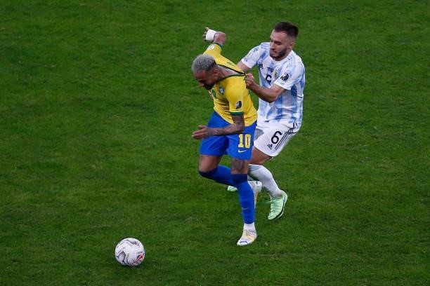 Neymar Jr. Of Brazil controls the ball against German Pezzella of Argentina during the final of Copa America Brazil 2021 between Brazil and Argentina...