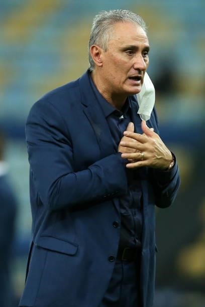Tite head coach of Brazil reacts after the final of Copa America Brazil 2021 between Brazil and Argentina at Maracana Stadium on July 10, 2021 in Rio...