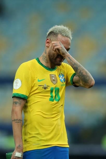 Neymar Jr. Of Brazil cries after the final of Copa America Brazil 2021 between Brazil and Argentina at Maracana Stadium on July 10, 2021 in Rio de...