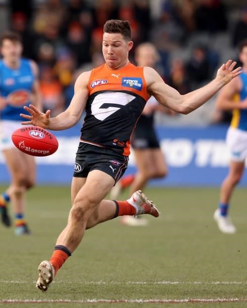 Toby Greene of the Giants in action during the round 17 AFL match between Greater Western Sydney Giants and Gold Coast Suns at Mars Stadium on July...
