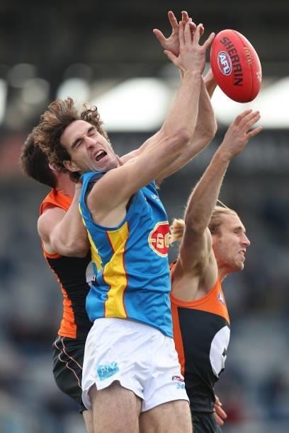 Ben King of the Suns jumps for a mark during the round 17 AFL match between Greater Western Sydney Giants and Gold Coast Suns at Mars Stadium on July...