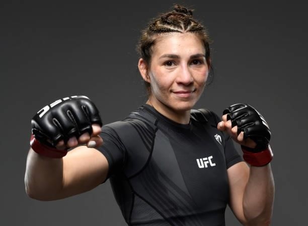 Irene Aldana of Mexico poses for a portrait after her victory during the UFC 264 event at T-Mobile Arena on July 10, 2021 in Las Vegas, Nevada.