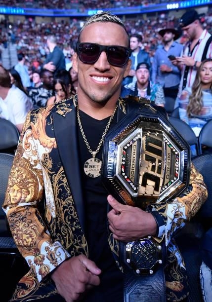 Lightweight champion Charles Oliveira is seen in attendance during the UFC 264 event at T-Mobile Arena on July 10, 2021 in Las Vegas, Nevada.