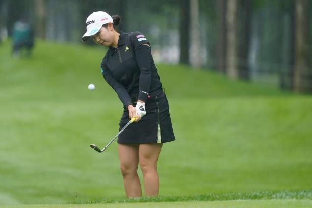 Sakura Koiwai of Japan chips onto the 1st green during the final round of the Nipponham Ladies Classic at Katsura Golf Club on July 11, 2021 in...