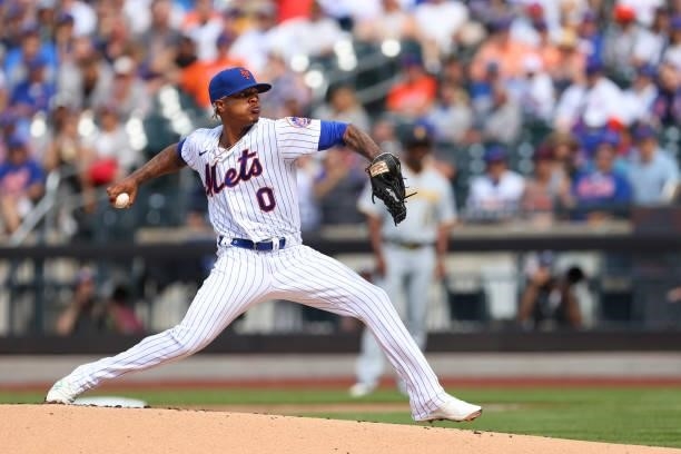 Pitcher Marcus Stroman of the New York Mets delivers a pitch during the first inning against the Pittsburgh Pirates during game one of a double...
