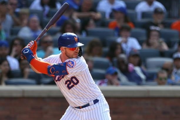 Pete Alonso of the New York Mets in action during game one of a double header against the Pittsburgh Pirates at Citi Field on July 10, 2021 in New...