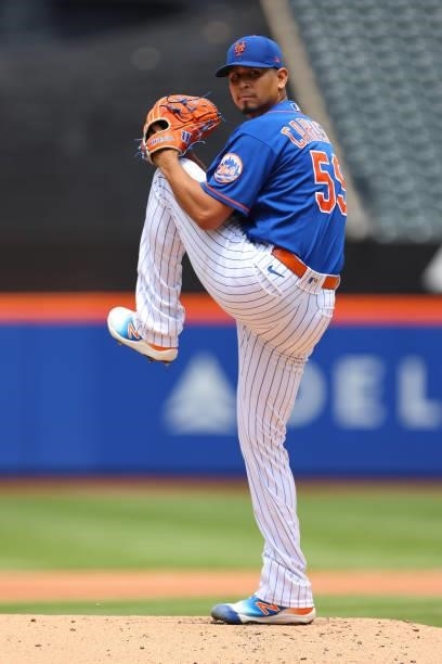 Pitcher Carlos Carrasco of the New York Mets throws off the mound to live batters before game one of a double header against the Pittsburgh Pirates...