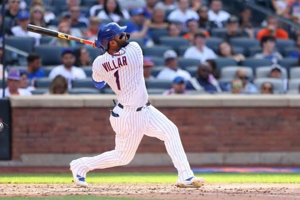 Jonathan Villar of the New York Mets hits a home run during the fourth inning against the Pittsburgh Pirates during game one of a double header at...