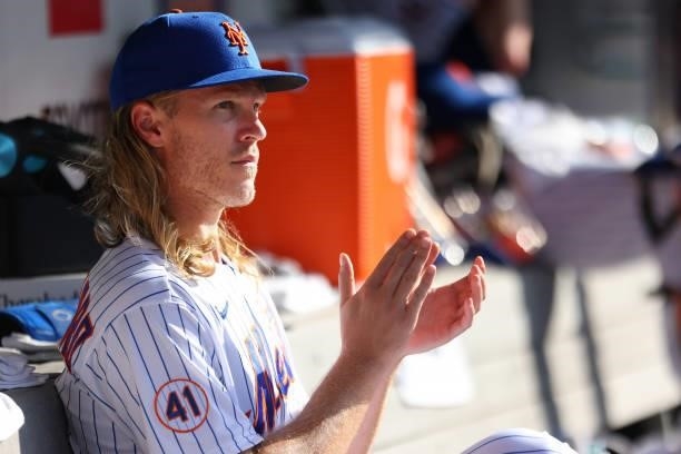 Noah Syndergaard of the New York Mets looks on during game one of a double header against the Pittsburgh Pirates at Citi Field on July 10, 2021 in...