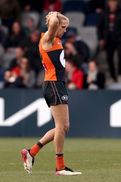 Nick Haynes of the Giants reacts to the final siren during the round 17 AFL match between Greater Western Sydney Giants and Gold Coast Suns at Mars...