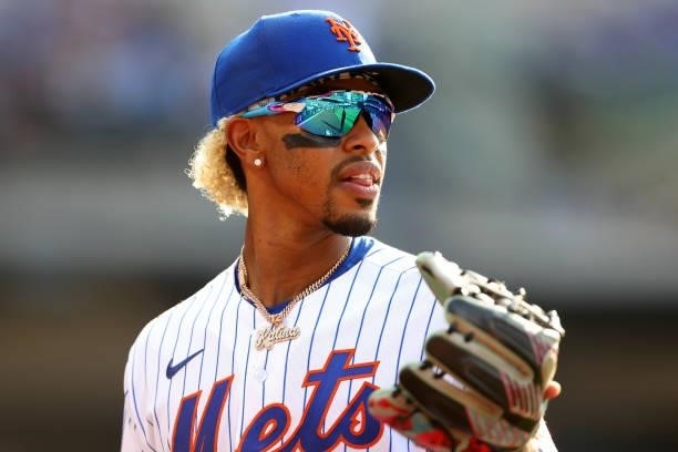 Francisco Lindor of the New York Mets in action during game one of a double header against the Pittsburgh Pirates at Citi Field on July 10, 2021 in...