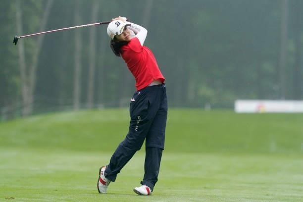 Kotone Hori of Japan hits her second shot at the playoff first hole on the 18th hole during the final round of the Nipponham Ladies Classic at...