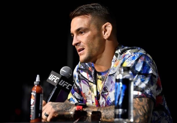 Dustin Poirier interacts with media during the post-fight press conference after his victory over Conor McGregor during the UFC 264 event at T-Mobile...