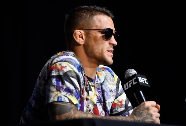 Dustin Poirier interacts with media during the post-fight press conference after his victory over Conor McGregor during the UFC 264 event at T-Mobile...