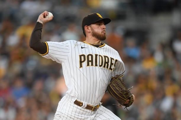 Joe Musgrove of the San Diego Padres pitches during the first inning of a baseball game against the Colorado Rockies at Petco Park on July 10, 2021...