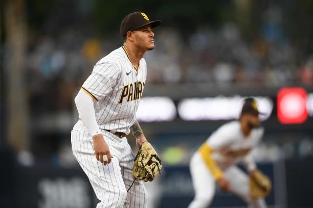 Manny Machado of the San Diego Padres plays during a baseball game against the Colorado Rockies at Petco Park on July 10, 2021 in San Diego,...