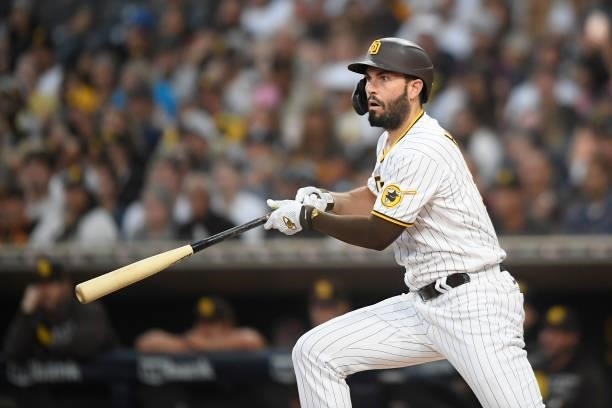 Eric Hosmer of the San Diego Padres plays during a baseball game against the Colorado Rockies at Petco Park on July 10, 2021 in San Diego, California.