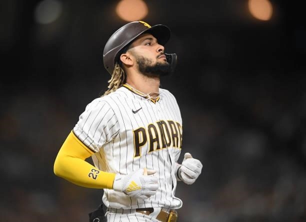 Fernando Tatis Jr. #23 of the San Diego Padres plays during a baseball game against the Colorado Rockies at Petco Park on July 10, 2021 in San Diego,...