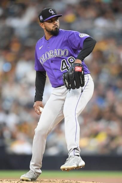 German Marquez of the Colorado Rockies plays during a baseball game against the San Diego Padres at Petco Park on July 10, 2021 in San Diego,...
