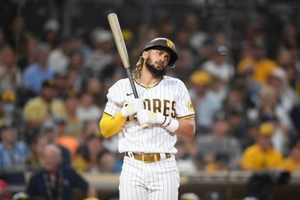 Fernando Tatis Jr. #23 of the San Diego Padres plays during a baseball game against the Colorado Rockies at Petco Park on July 10, 2021 in San Diego,...