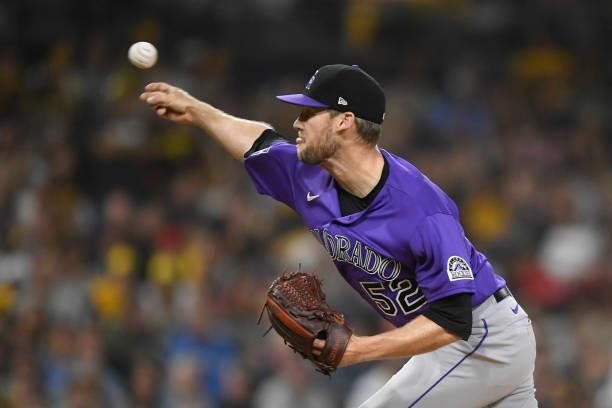 Daniel Bard of the Colorado Rockies plays during a baseball game against the San Diego Padres at Petco Park on July 10, 2021 in San Diego, California.