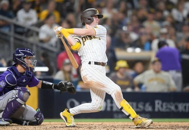 Jake Cronenworth of the San Diego Padres plays during a baseball game against the Colorado Rockies at Petco Park on July 10, 2021 in San Diego,...