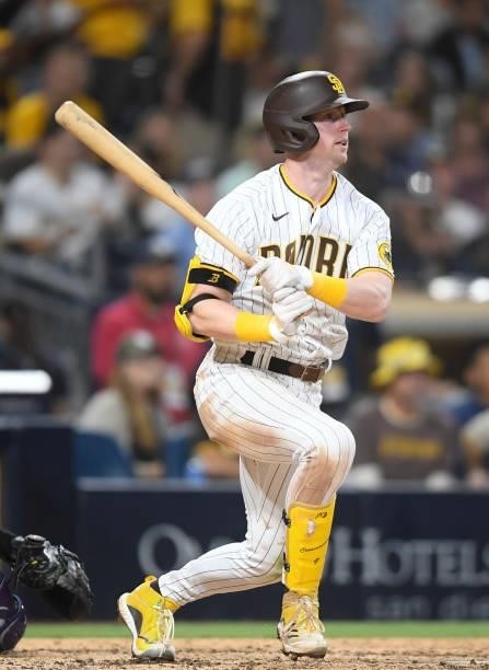 Jake Cronenworth of the San Diego Padres plays during a baseball game against the Colorado Rockies at Petco Park on July 10, 2021 in San Diego,...