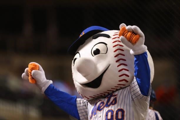 Mr. Met performs during the second game of a double header between the Pittsburgh Pirates and New York Mets at Citi Field on July 10, 2021 in New...