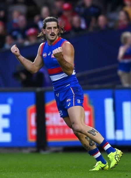 Josh Bruce of the Bulldogs celebrates kicking a goal during the round 17 AFL match between Western Bulldogs and Sydney Swans at Marvel Stadium on...