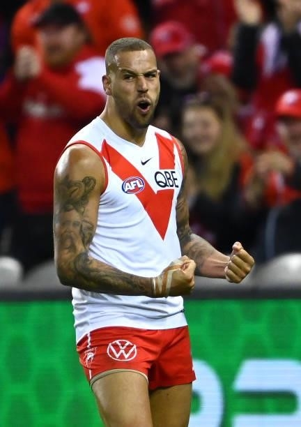 Lance Franklin of the Swans celebrates kicking a goal during the round 17 AFL match between Western Bulldogs and Sydney Swans at Marvel Stadium on...