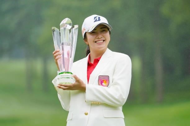 Kotone Hori of Japan poses with the trophy after winning the Nipponham Ladies Classic at Katsura Golf Club on July 11, 2021 in Tomakomai, Hokkaido,...