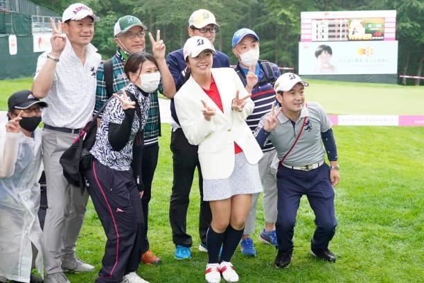 Kotone Hori of Japan poses with fans after winning the Nipponham Ladies Classic at Katsura Golf Club on July 11, 2021 in Tomakomai, Hokkaido, Japan.