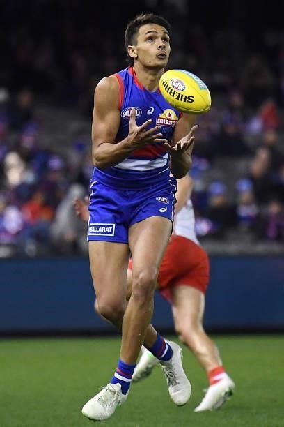Jamarra Ugle-Hagan of the Bulldogs marks during the round 17 AFL match between Western Bulldogs and Sydney Swans at Marvel Stadium on July 11, 2021...