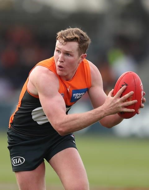 Tom Green of the Giants in action during the round 17 AFL match between Greater Western Sydney Giants and Gold Coast Suns at Mars Stadium on July 11,...
