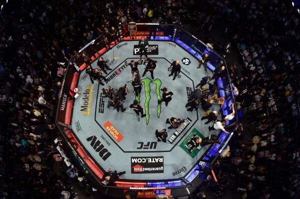 An overhead view of the Octagon as Dustin Poirier celebrates after defeating Conor McGregor of Ireland during the UFC 264 event at T-Mobile Arena on...