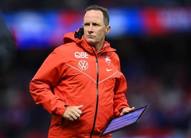 Don Pyke the assistant coach of the Swans looks on during the round 17 AFL match between Western Bulldogs and Sydney Swans at Marvel Stadium on July...