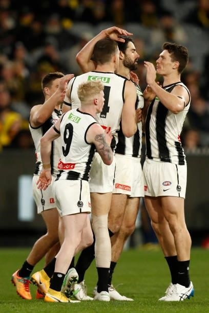 Brodie Grundy of the Magpies celebrates a goal during the round 17 AFL match between Richmond Tigers and Collingwood Magpies at Melbourne Cricket...