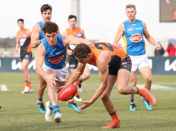 Josh Kelly of the Giants and Sam Flanders contest for the ball during the round 17 AFL match between Greater Western Sydney Giants and Gold Coast...