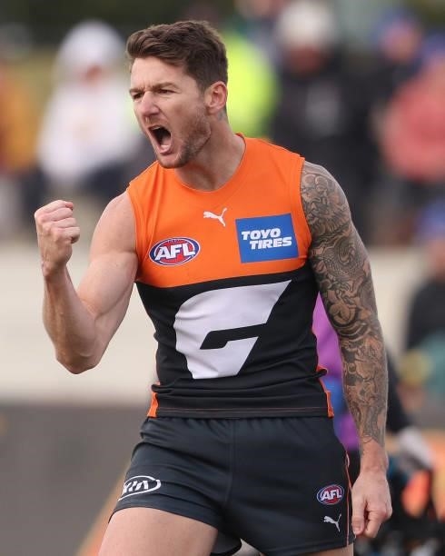 Daniel Lloyd of the Giants celebrates a goal during the round 17 AFL match between Greater Western Sydney Giants and Gold Coast Suns at Mars Stadium...