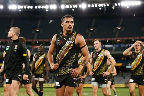 Sydney Stack of the Tigers looks dejected after defeat in the round 17 AFL match between Richmond Tigers and Collingwood Magpies at Melbourne Cricket...