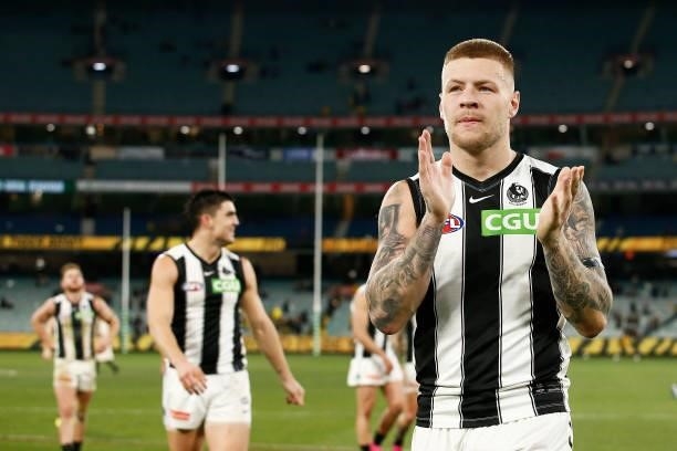 Jordan De Goey of the Magpies celebrates after victory in the round 17 AFL match between Richmond Tigers and Collingwood Magpies at Melbourne Cricket...
