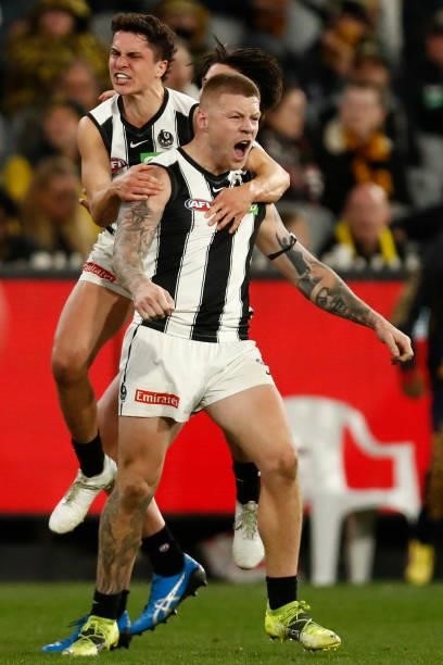 Jordan De Goey of the Magpies celebrates a goal during the round 17 AFL match between Richmond Tigers and Collingwood Magpies at Melbourne Cricket...