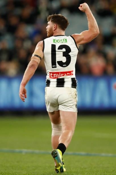 Taylor Adams of the Magpies celebrates a goal during the round 17 AFL match between Richmond Tigers and Collingwood Magpies at Melbourne Cricket...